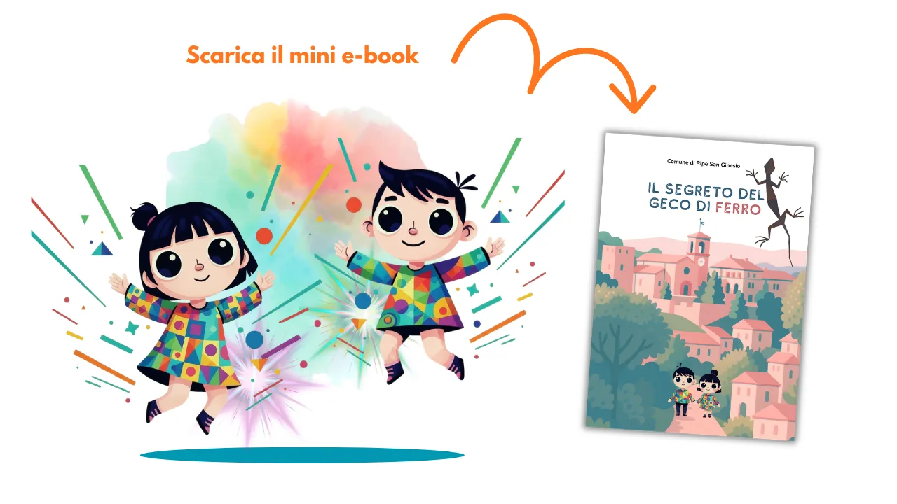 due bambini con abito colorato saltano e invitano a scaricare il mini e-book